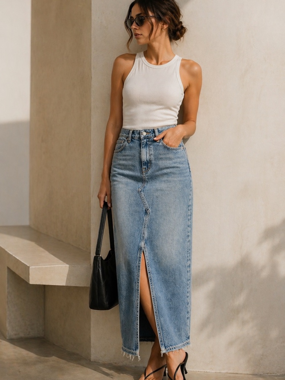 ZARA Denim Midi Skirt High Waist Front Slit Size M